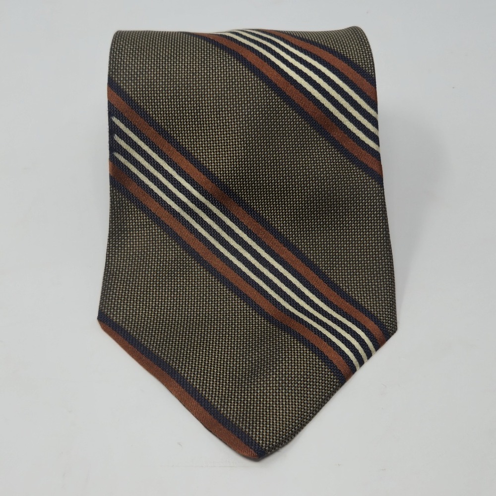 Vintage Lord & Taylor Silk Tie Made In USA Striped Olive Brown Navy Rust 4"